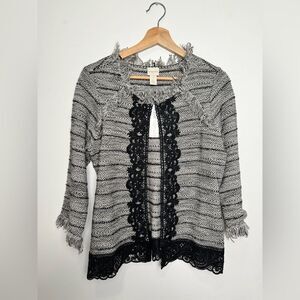 NWT Chico’s women’s Lace Tweed Cardigan Top size 1/M 3/4-sleeves Fringe fitted‎